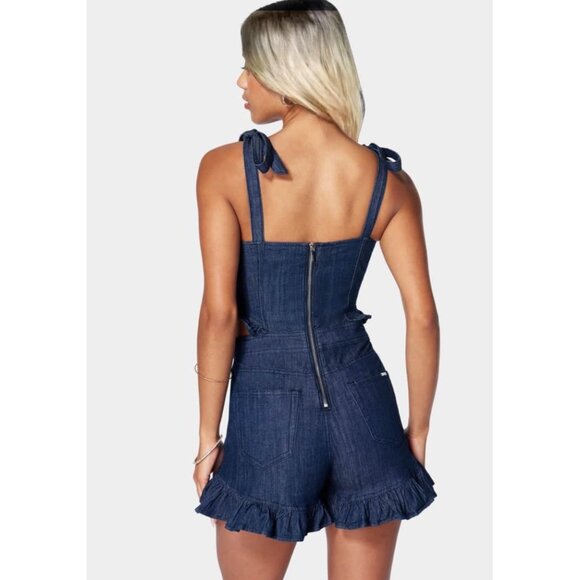 NEW bebe Tie Strap Ruffle Detail Denim Romper Womens Size 12 NLA - Picture 3 of 16
